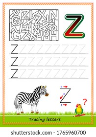 Worksheet for tracing letters. Find and paint all letters Z. Kids activity sheet. Educational page for children coloring book. Developing skills for writing and tracing ABC. Online education.