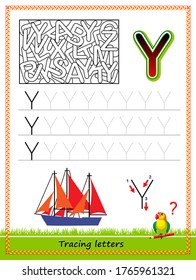 Worksheet for tracing letters. Find and paint all letters Y. Kids activity sheet. Educational page for children coloring book. Developing skills for writing and tracing ABC. Online education.