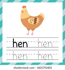 Worksheet for tracing words - Hen. Learning material for kids. I can write words template. Tracing practice sheet. Vector illustration 