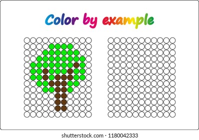 Worksheet.  tree - puzzle task, game for preschool  kids. Color by example. Coloring book. Vector illustration. Paint the circles.