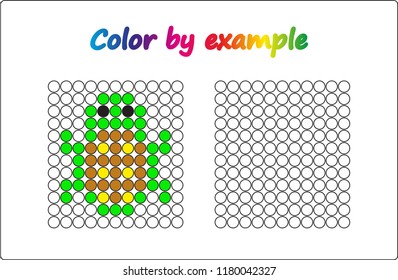 Worksheet.  turtle - puzzle task, game for preschool  kids. Color by example. Coloring book. Vector illustration. Paint the circles.