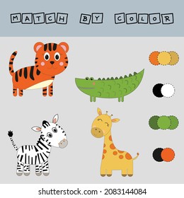 worksheet vector design, challenge to connect the  tiger, crocodile, zebra, giraffe with its color. Logic game for children.