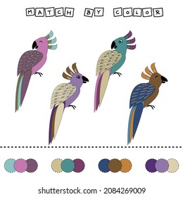 worksheet vector design, challenge to connect the parrot  with its color. Logic game for children.