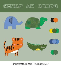 worksheet vector design, challenge to connect the wild animals with its color. Logic game for children.