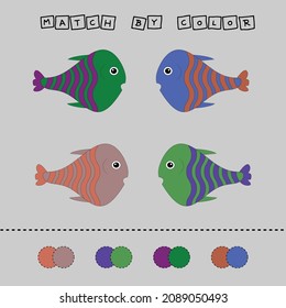 worksheet vector design, challenge to connect the  fishes with its color. Logic game for children.