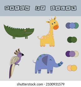 worksheet vector design, challenge to connect the  crocodile, giraffe, parrot, elephant with its color. Logic game for children.