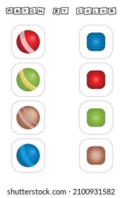 Vektor-Arbeitsblatt-Design, Herausforderung, die Bälle mit seiner Farbe verbinden. Logikspiel für Kinder.