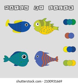 worksheet vector design, challenge to connect the   fishes with its color. Logic game for children.