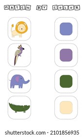 worksheet vector design, challenge to connect the lion, parrot, elephant, crocodile with its color. Logic game for children.
