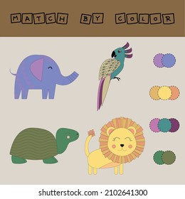 worksheet vector design, challenge to connect the  turtle, lion, parrot, elephant with its color. Logic game for children.
