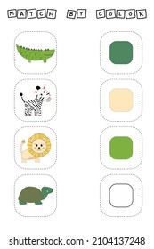 worksheet vector design, challenge to connect the crocodile, zebra, lion, turtle with its color. Logic game for children.
