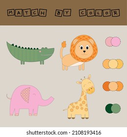 worksheet vector design, challenge to connect the  crocodile, giraffe, lion, elephant with its color. Logic game for children.