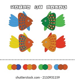 worksheet vector design, challenge to connect the  fishes with its color. Logic game for children.