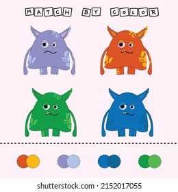 worksheet vector design, challenge to connect the monsters with its color. Logic game for children.