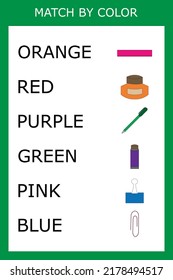 worksheet vector design, challenge to connect the stationery for school with its color. Logic game for children.