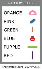 worksheet vector design, challenge to connect the stationery for school with its color. Logic game for children.