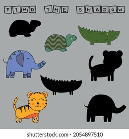 worksheet vector design, find the shadow on colorful  tiger, elephant, turtle, crocodile. Logic game for children.