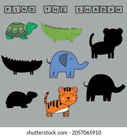 worksheet vector design, find the shadow on colorful  tiger, elephant, turtle, crocodile. Logic game for children.