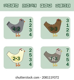 worksheet vector design, task to calculate the answer and connect to the correct number. Logic game for children.