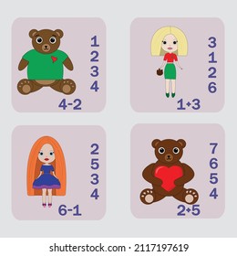 
worksheet vector design, task to calculate the answer and connect to the correct number. Logic game for children.

