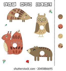 worksheet vector design, the task is to cut and glue a piece on colorful hedgehog, squirrel, bear, owl. Logic game for children.