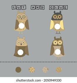 worksheet vector design, the task is to cut and glue a piece on colorful  owl. Logic game for children.