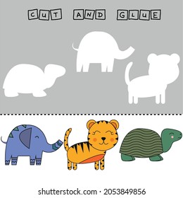 worksheet vector design, the task is to cut and glue a piece on colorful  tiger, elephant, turtle.  Logic game for children.