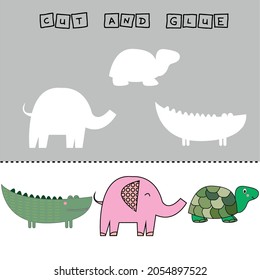 worksheet vector design, the task is to cut and glue a piece on colorful  crocodile, elephant, turtle.  Logic game for children.