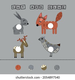 worksheet vector design, the task is to cut and glue a piece on colorful  bird, deer, rabbits, fox. Logic game for children.