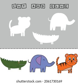 worksheet vector design, the task is to cut and glue a piece on colorful  crocodile, tiger, elephant.  Logic game for children.