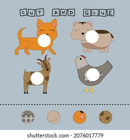 worksheet vector design, the task is to cut and glue a piece on colorful   dog,hamster, goat,chicken. Logic game for children.