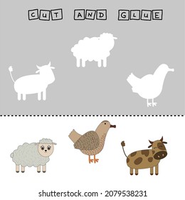 worksheet vector design, the task is to cut and glue a piece on colorful  sheep,duck,cow Logic game for children.