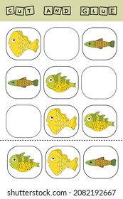 worksheet vector design, the task is to cut and glue a piece on colorful  fishes.  Logic game for children.