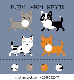 worksheet vector design, the task is to cut and glue a piece on colorful  dogs. Logic game for children.