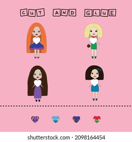 worksheet vector design, the task is to cut and glue a piece on colorful  dolls.  Logic game for children.
