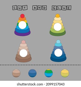 worksheet vector design, the task is to cut and glue a piece on colorful  pyramids.  Logic game for children.
