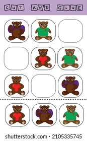 worksheet vector design, the task is to cut and glue a piece on colorful  bears.  Logic game for children.
