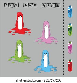 worksheet vector design, the task is to cut and glue a piece on colorful  monsters.  Logic game for children.