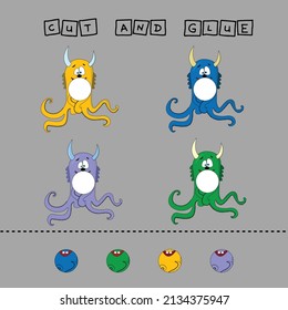 worksheet vector design, the task is to cut and glue a piece on colorful  monsters.  Logic game for children.