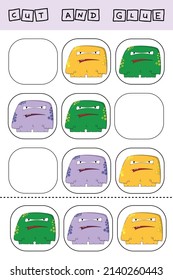 worksheet vector design, the task is to cut and glue a piece on colorful  monsters.  Logic game for children.