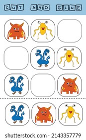 worksheet vector design, the task is to cut and glue a piece on colorful  monsters.  Logic game for children.