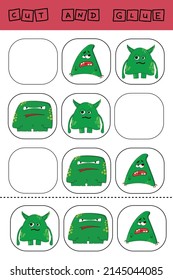 worksheet vector design, the task is to cut and glue a piece on colorful  monsters.  Logic game for children.
