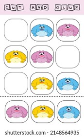 worksheet vector design, the task is to cut and glue a piece on colorful  monsters.  Logic game for children.