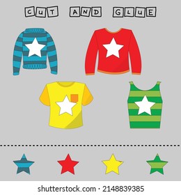 worksheet vector design, the task is to cut and paste a piece on a sweater, t-shirt, tank top, longsleeve. Logic game for children.