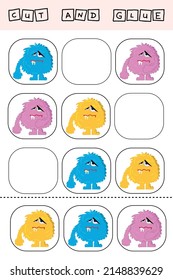 worksheet vector design, the task is to cut and glue a piece on colorful  monsters.  Logic game for children.