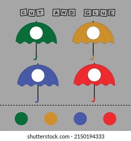 worksheet vector design, the task is to cut and paste a piece on a umbrella .  Logic game for children.