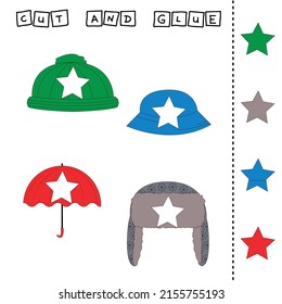 worksheet vector design, the task is to cut and glue a piece on  hat, panama, earflaps .  Logic game for children.