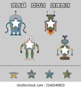 worksheet vector design, the task is to cut and glue a piece on robots.  Logic game for children.