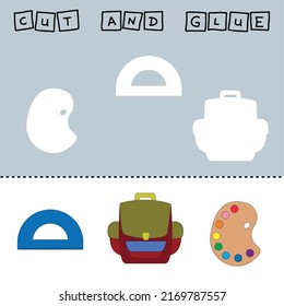 worksheet vector design, the task is to cut and glue a piece on  school stationery.  Logic game for children.