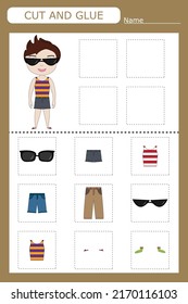 worksheet vector design, the task is to cut and paste the clothes from the sample. Logic game for children.